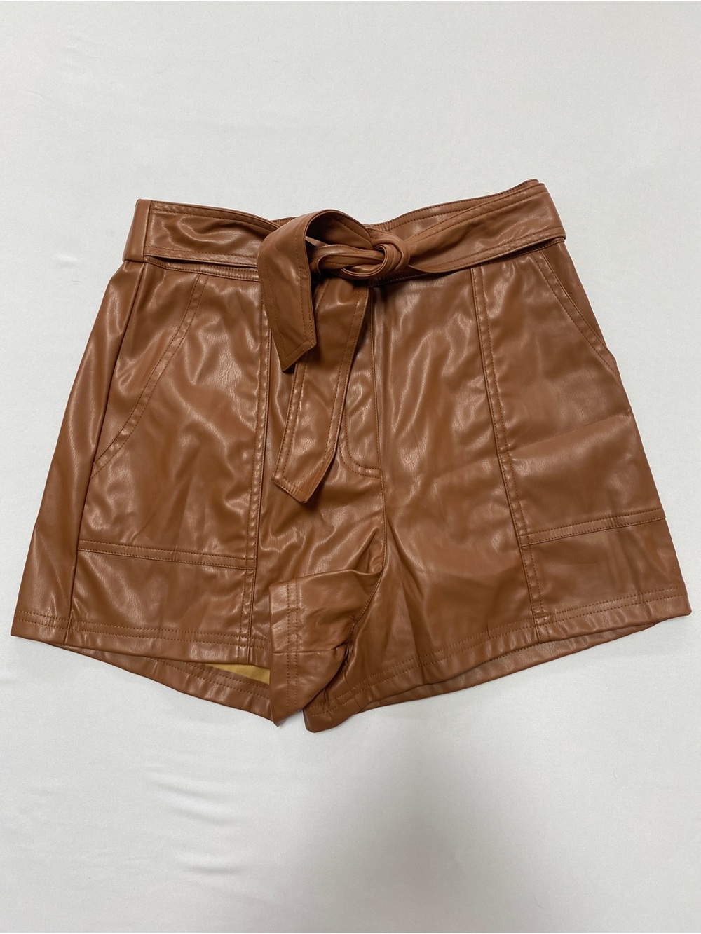 ANDTHEWHY Brown Faux Leather Paperbag Shorts S High Waist Tie Belt